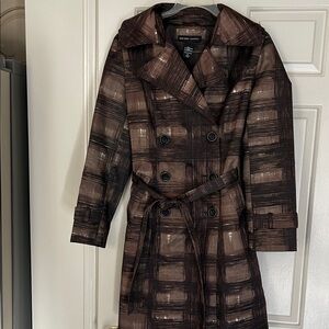 New York & Company Brown Plaid Double-Breasted Trench Coat